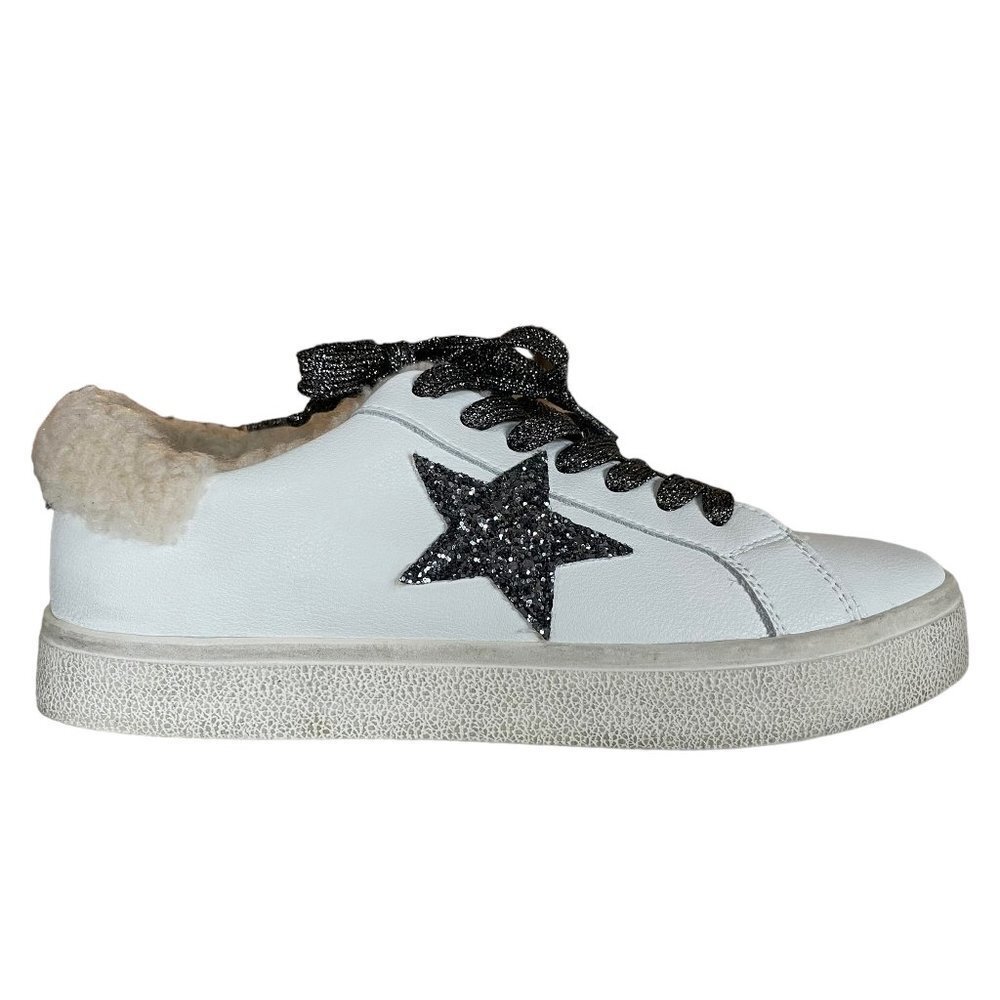 Steve Madden Polarize Sneakers Womens 7.5 White Star Sequin FauxFur Shoe